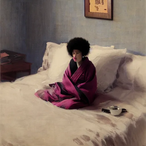 Prompt: girl with a samurai mask on, with afro, in kimono, frontview, sitting on edge of the bed, by jeremy lipking, tim rees, joseph todorovitch