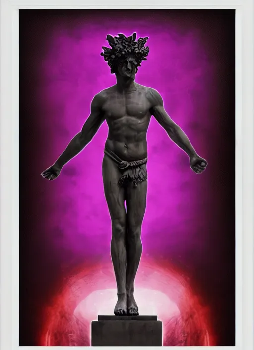 Image similar to elegant dark design poster showing a large greco roman statue of dionysus, black background with very subtle red and purple design elements, bold, powerful, nekro, vito acconci, thin straight purple lines, dark, glitch art, neo vaporwave, gritty, layout frame, square, trending on artstation