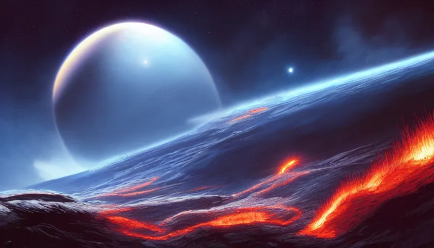 Prompt: an imax view of an exploding volcano on a beautiful exoplanet, art by james paick and roger dean and federico pelat and markus vogt, hyperrealism, science fiction, cinematic lighting