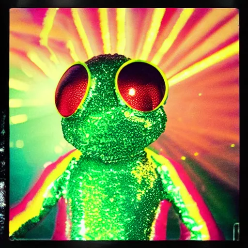 Prompt: “ disco frog wearing a sequin headband in a disco club, flashing colored lights in background, polaroid photo ”