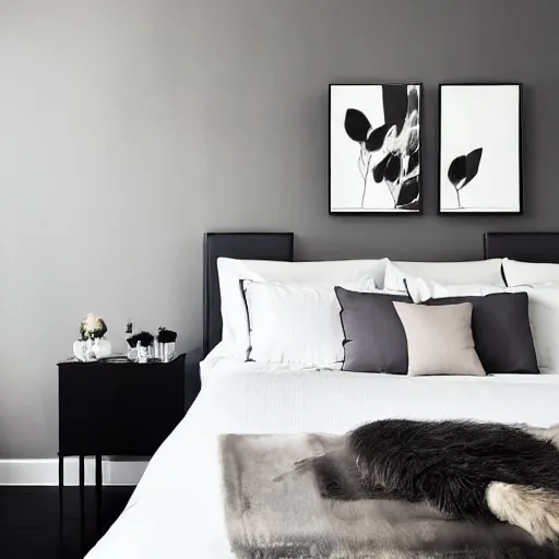 Image similar to bedroom, interior design, stylish luxury hotel bedroom design, feminine, black walls, art, vase with flowers, Japanese and Scandinavian influences