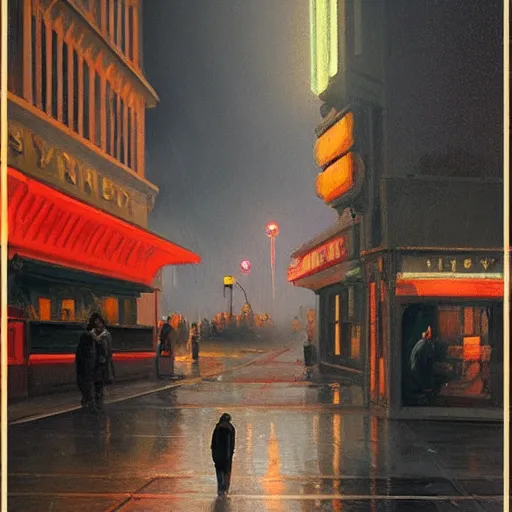 Image similar to a mini-yorkie dog at night in the world of Edward Hopper, stormy snowy weather, streetlights, extremely detailed masterpiece, oil on canvas, low-key neon lighting, artstation, Blade Runner 2049, Roger Deakin’s cinematography, by J. C. Leyendecker and Peter Paul Rubens,