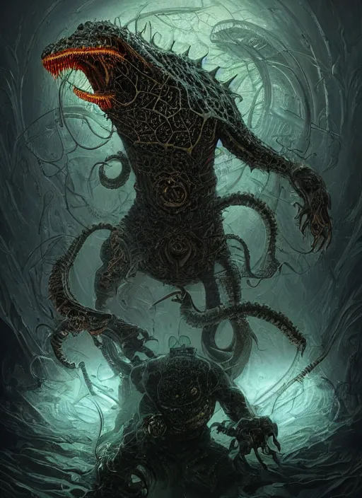 Image similar to prismatic dark lovecraft horror machine glowing reptile eyes, metal armor, elegant, highly detailed, centered, digital painting, artstation, concept art, smooth, sharp focus, illustration, artgerm, tomasz alen kopera, peter mohrbacher, donato giancola, joseph christian leyendecker, wlop, frank frazetta