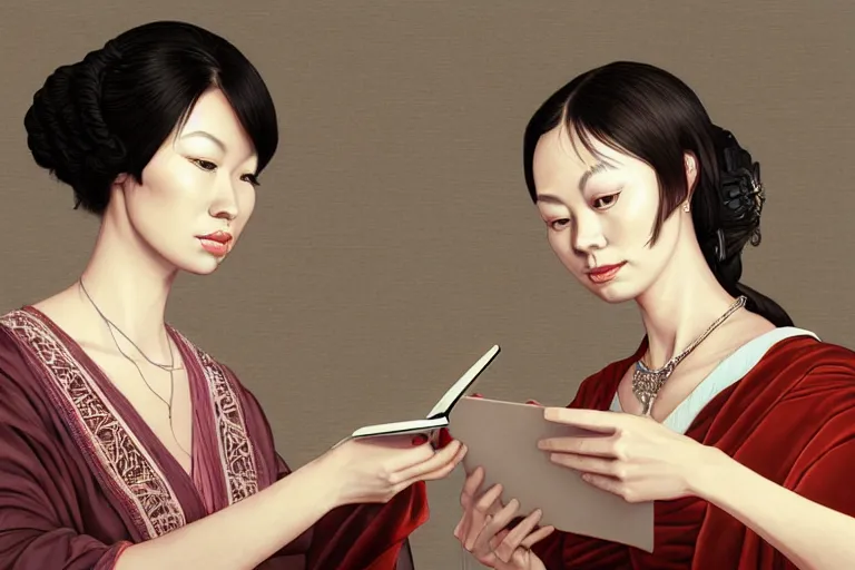 Image similar to portrait of two wise and very beautiful women discussing some texts appearing in a computer screen, art by fuji choko, intricate, elegant, highly detailed, smooth, sharp focus, artstation