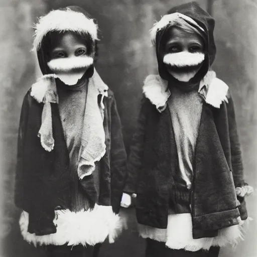 Prompt: portrait of children wearing santa masks, photograph, style of atget, 1 9 1 0, creepy, dark