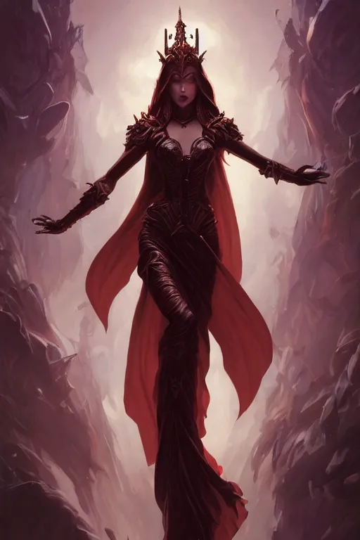 Prompt: beautiful vampire female queen, full body shot, ascending form the sky, hands reaching for her, d & d, fantasy, intricate, elegant, highly detailed, digital painting, artstation, concept art, matte, sharp focus, illustration, hearthstone, art by artgerm and greg rutkowski and alphonse mucha