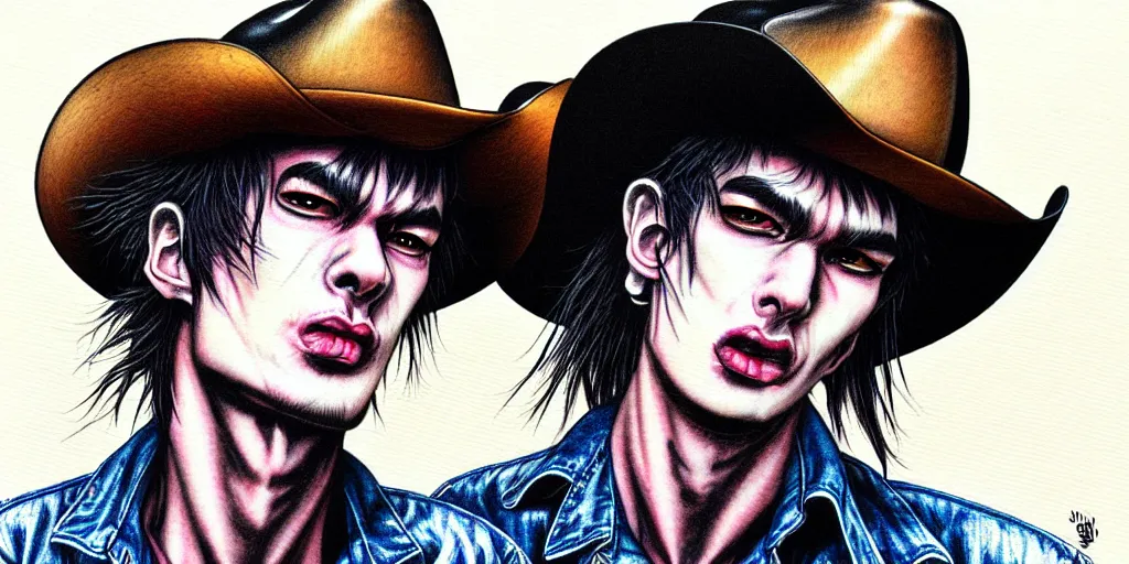 Prompt: full view of sid vicious, wearing a cowboy hat, style of yoshii chie and hikari shimoda and martine johanna, highly detailed