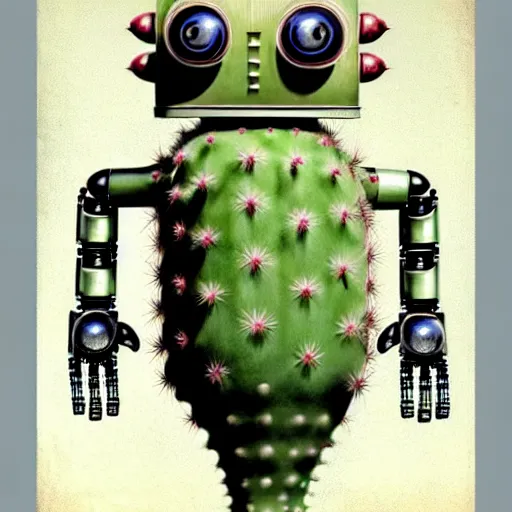 Prompt: 1950s retro cactus robot, Bionic Arms and eyes. muted colours. by Jean-Baptiste Monge, wide shot