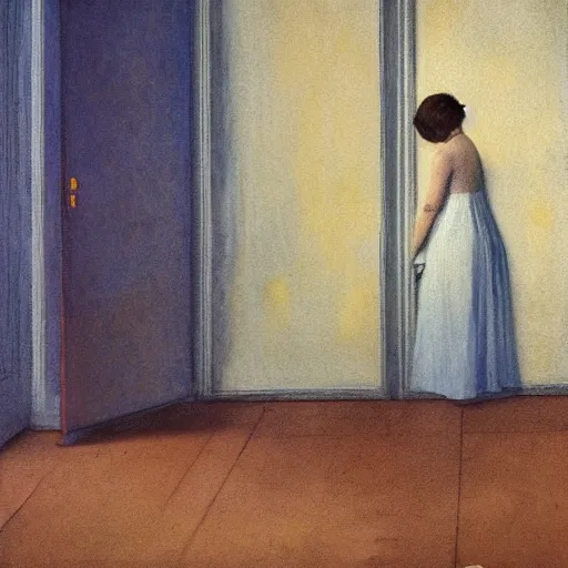 Image similar to close up of a girl in a blue and gold haunted liminal abandoned room, watercolor by hammershøi, art noveau, highly detailed, lights by edward hopper, liminal, eerie, bright pastel colors