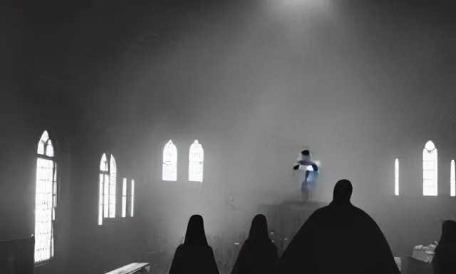 Image similar to a cultist ceremony, cultists with robes and masks, church interior, satanic church interior, the fog. horror lighting, found footage