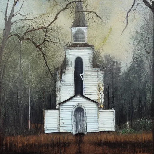 Prompt: a burning old wooden white church, in a bayou, louisiana, southern gothic, painted by greg ratwoski