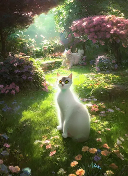 Image similar to portrait of a cute cat in an enchanted garden, digital illustration, by makoto shinkai and ruan jia