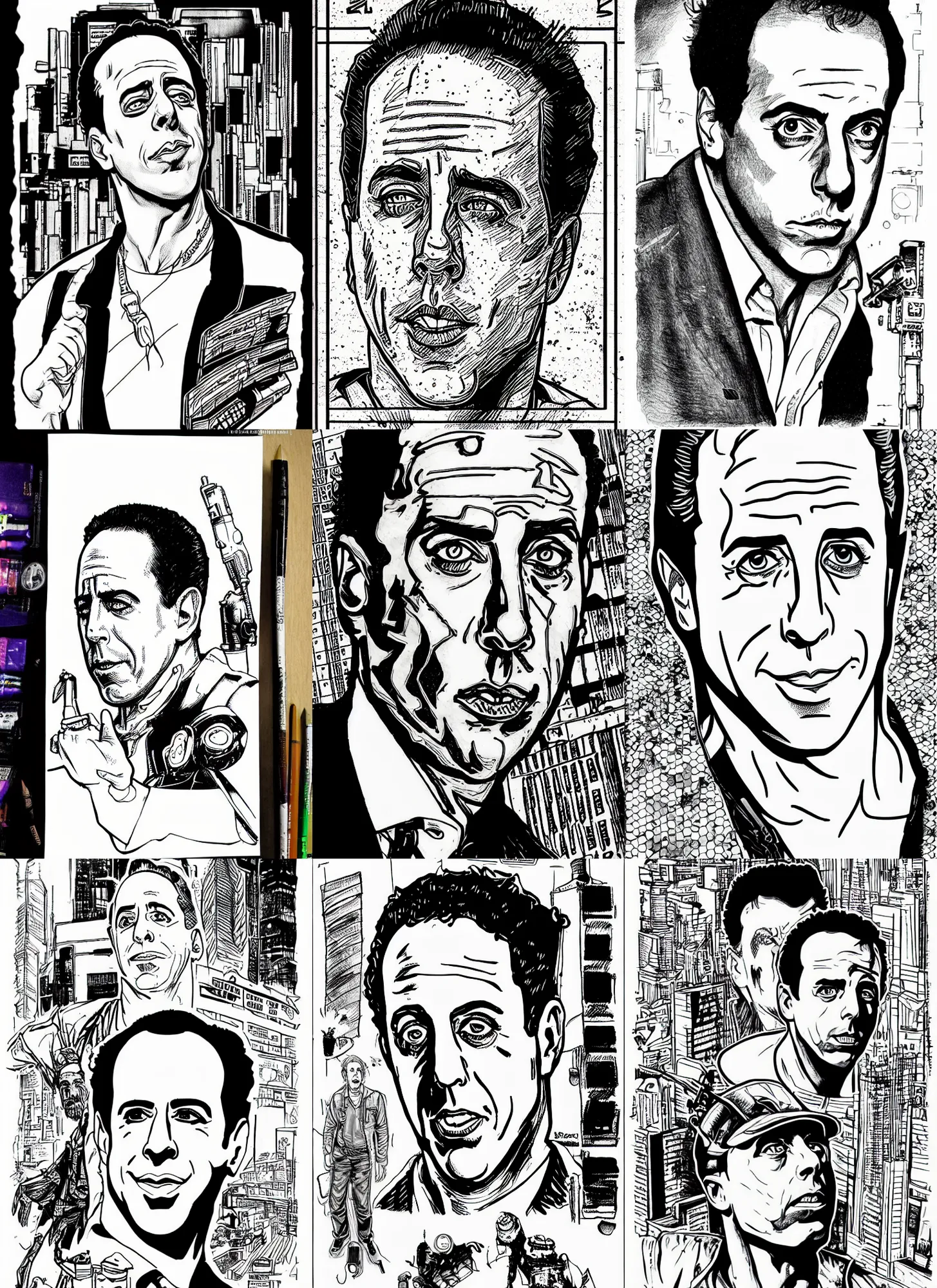 Prompt: jerry seinfeld, portrait, cyberpunk 2 0 2 0 manual, by steampoweredmikej, inktober, ink drawing, black and white, coloring pages, manga, highly detailed