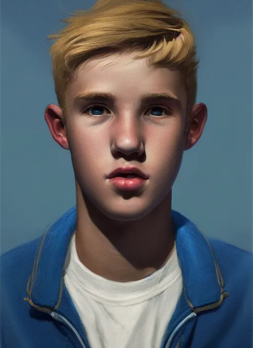 Image similar to portrait of a teenage boy named moose mason, blonde short hair, jock, beefy, square jaw, square facial structure, 1 9 5 0 s, blue varsity jacket, intricate, elegant, glowing lights, highly detailed, digital painting, artstation, concept art, smooth, sharp focus, illustration, art by wlop, mars ravelo and greg rutkowski