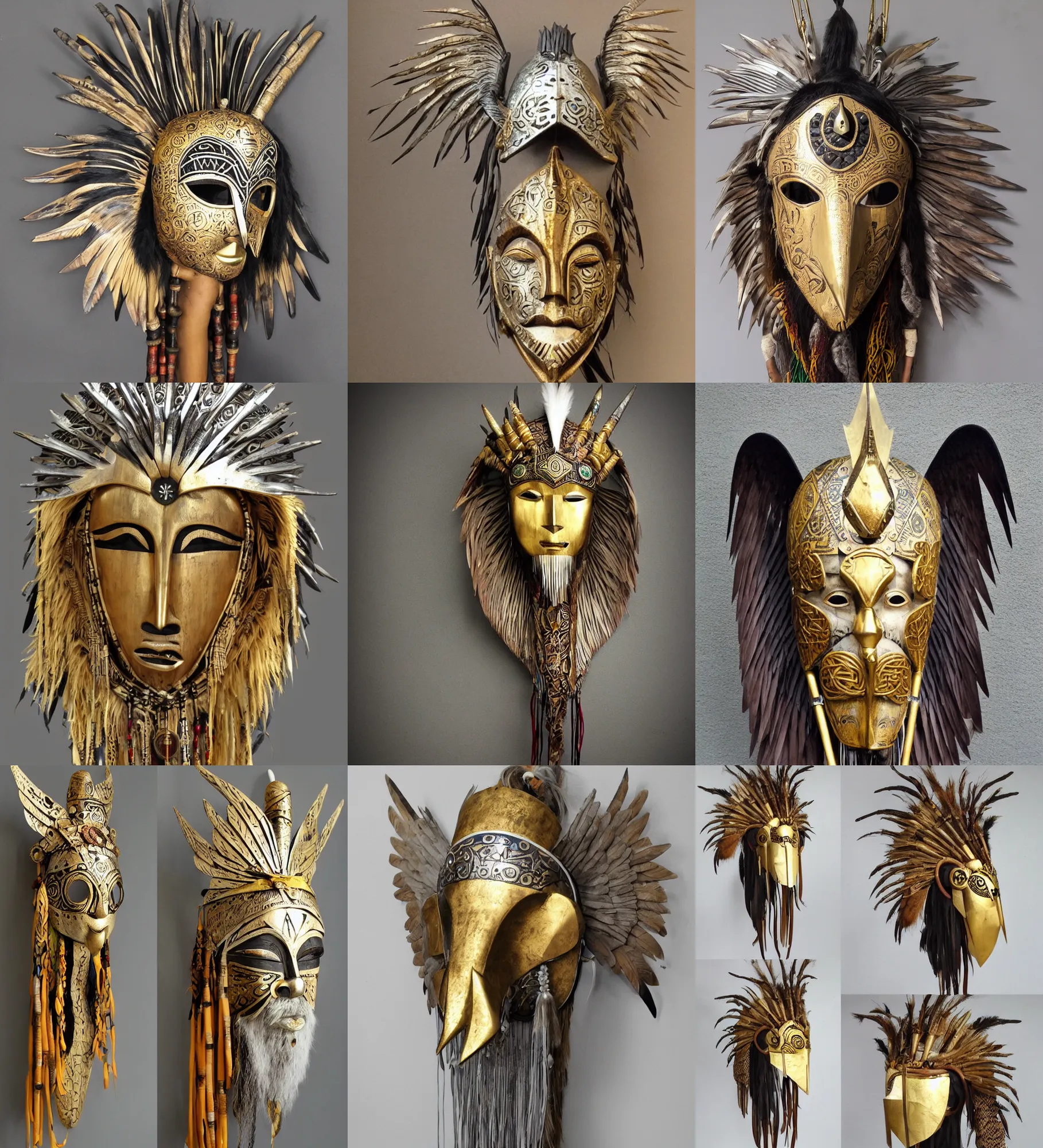 Prompt: viking shaman, african mask, asian female, boho style, wood clay marble ivory crow swan eagle wings head eyes bamboo, golden and silver jewerly, low poly, brutal modern sculpure, gustav klimt