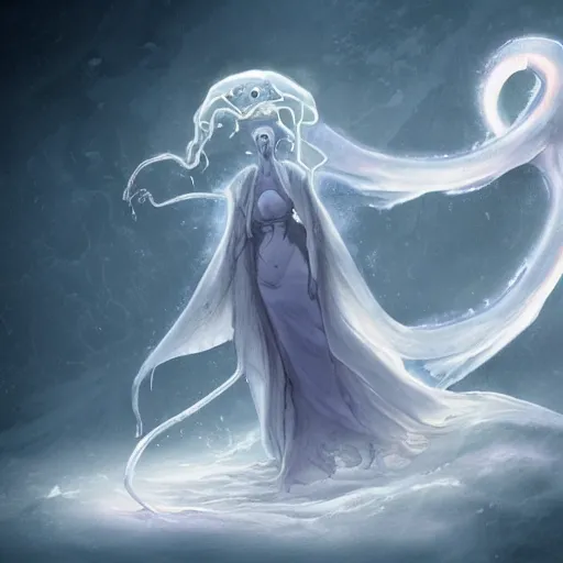Image similar to concept designs of an ethereal ghostly wraith like figure with a squid like parasite latched onto its transparent skull and long tentacle arms that flow lazily but gracefully at its sides like a cloak while it floats around a frozen rocky tundra in the snow searching for lost souls and that hides amongst the frosted trees, this character has hydrokinesis and electrokinesis for the franchise Bloodborne in the style of arcane the series on netflix