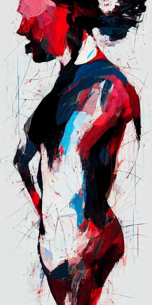 Image similar to abstract flowing brush strokes, stylized, torso of one!!! athletic man posing dramatically with no face in the center of the frame, by conrad roset, dark background, painting trending on artstation