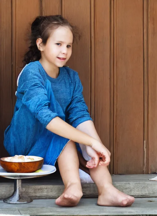 Prompt: girl sitting on porch eating porridge