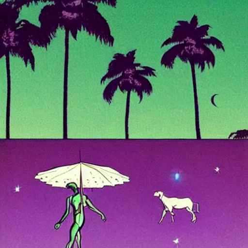 Image similar to ufo and aliens beaming up abducting cows along coast line pastures, summer night and palm trees. by patrick nagel, by norman rockwell, by virgil finlay minimalist lighting, precisionist, 1 0 0 0 0 mm. purple and green gammas.