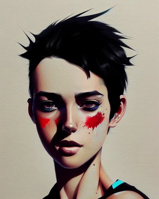 Image similar to a ultradetailed beautiful portrait painting of a stylish woman with short hair, she is wearing a black tank top and jeans, by conrad roset, greg rutkowski and makoto shinkai trending on artstation