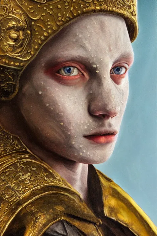 Image similar to hyperrealism oil painting, close - up portrait of albino medieval fashion model, knight, steel gradient mixed with nebula sky, in style of baroque