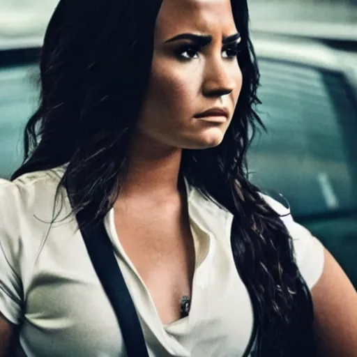 Image similar to close-up of Demi Lovato as a detective in a movie directed by Christopher Nolan, movie still frame, promotional image, imax 70 mm footage