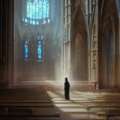 Image similar to angel protecting man who is praying inside a gothic church by Stanley Artgerm Lau, WLOP, Rossdraws, James Jean, Andrei Riabovitchev, Marc Simonetti, Yoshitaka Amano, ArtStation, CGSociety, highly detaild 4K, cinematic style, studio light