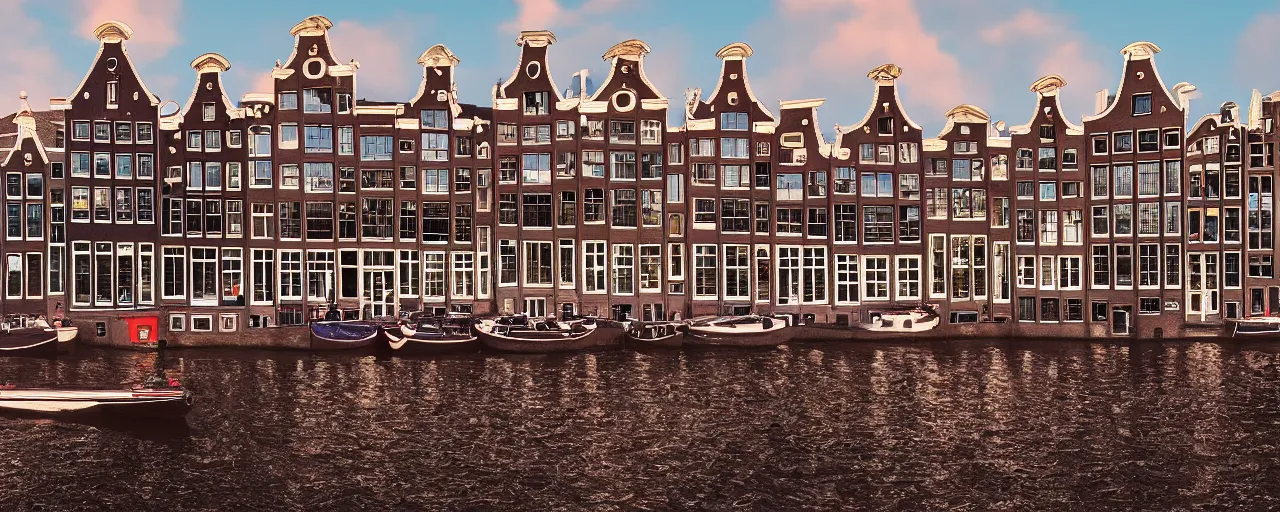 Prompt: view of houses in amsterdam, with water and boats, photography, 3 5 mm, hyper realistic, 8 k, unreal engine, illustration, happy cinematic sunrise lighting, tilt shift, crimson - black