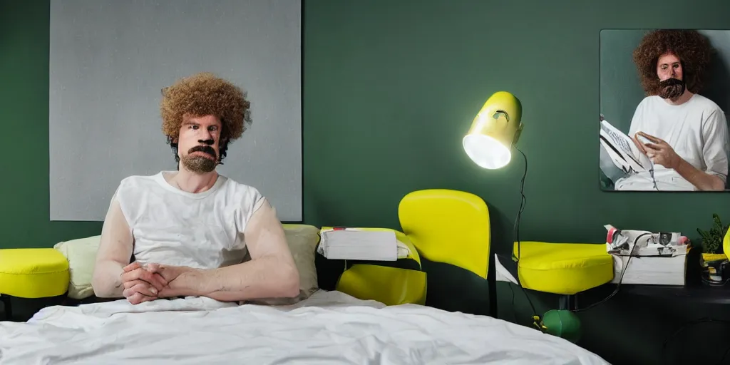 Image similar to french white man with puffy hair, mustache and a green sitting on a black chair in his room looking at the camera, photorealistic, webcam, yellow lightning