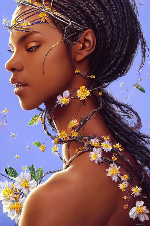 Prompt: ultra realistic illustration, beautiful african woman, with flowers, butterflies, birds, branches sprouting from her head, elegant, highly detailed, digital painting, concept art, soft, sharp focus, illustration, artgerm and greg rutkowski and alphonse much -