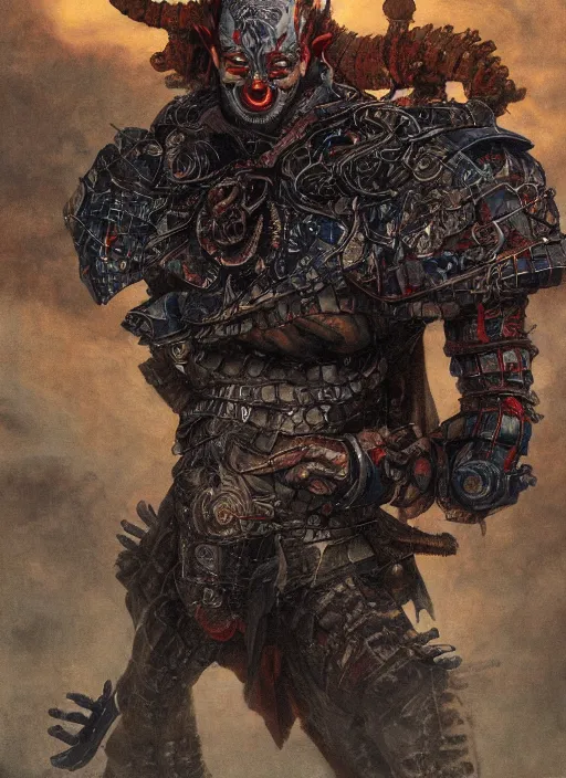 Prompt: portrait of a diabolical cyborg clown samurai slaying a dragon, torn cape, adaptive armor, dynamic pose, heavy eyes to the side, ancient ruins, glowing veins subsurface scattering, in clouds, sunset, portrait, by gerald brom, by mikhail vrubel, by peter elson, muted colors, extreme detail, reflections, trending on artstation, 8 k