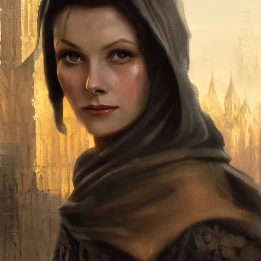 Prompt: closeup portrait of a young vivian leigh as a cloaked medieval assassin, gritty, city background, dramatic light, gorgeous view, depth, high detail, digital art, painted by greg rutkowski, trending on artstation