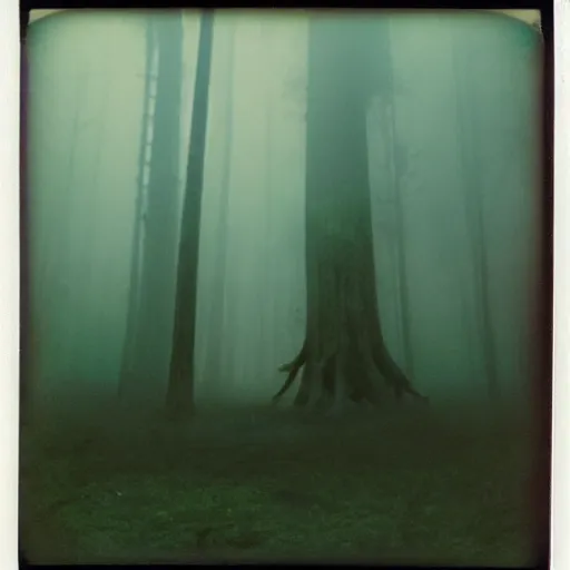 Prompt: a massive statue in a forest clearing reaching into the fog, night, old polaroid, expired film, megalophobia,