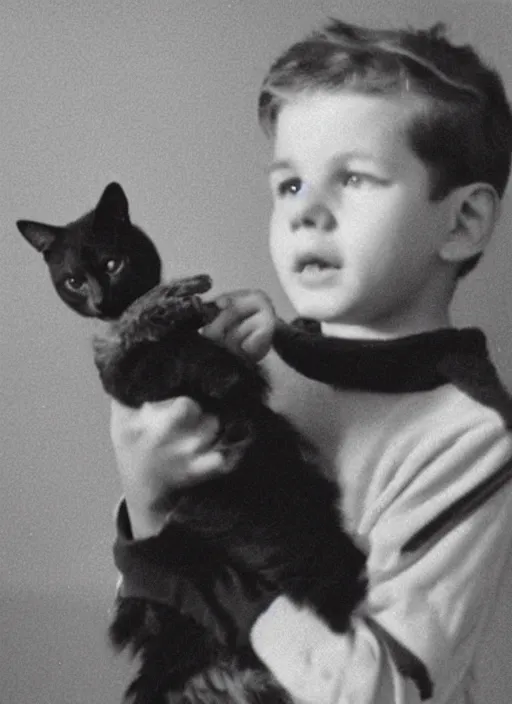 Image similar to old photo of a young boy recording a video of his cat for TikTok