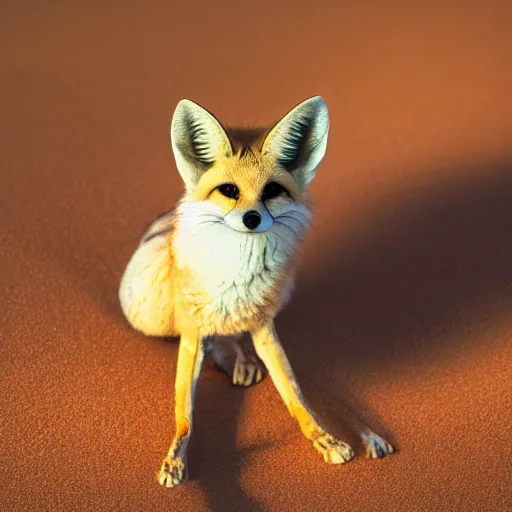 Prompt: a close up, studio colour photograph of a fennec fox wearing a santa hat, dramatic backlighting at golden hour, wide angle 15mm lens, silly cartoon