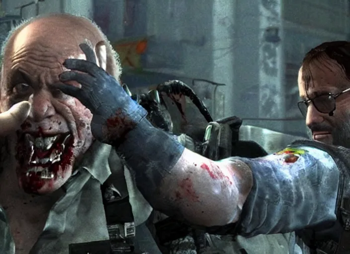 Image similar to video game still of danny devito as leon fighting off a zombie in the video game resident evil 2,