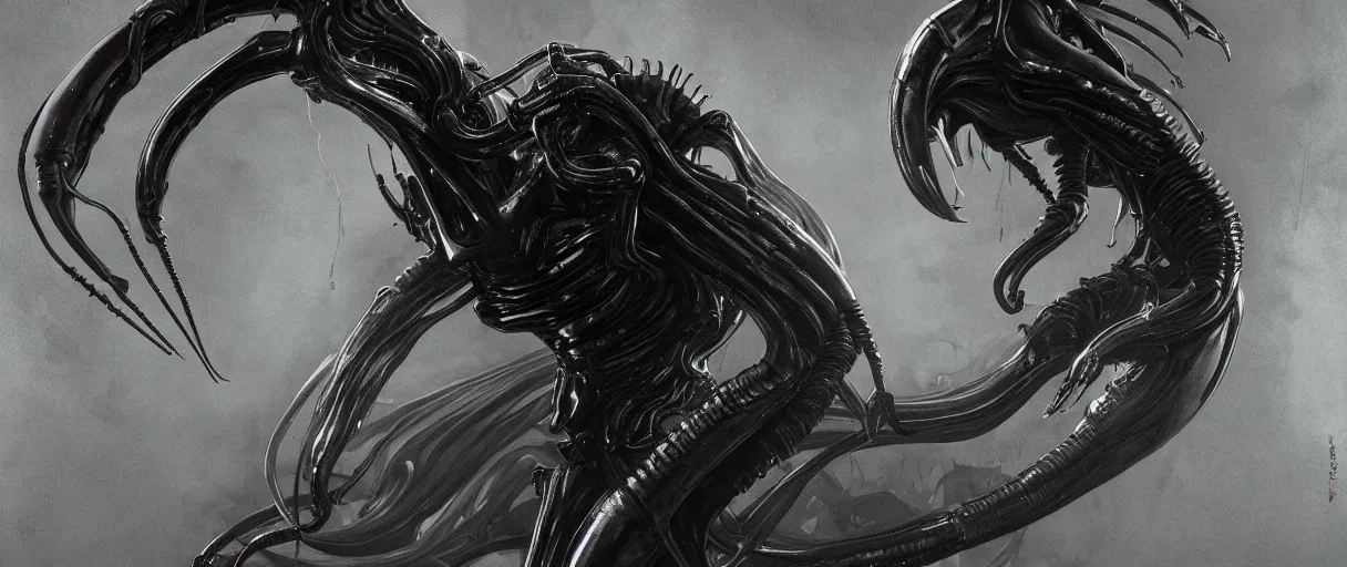 Image similar to duotone noir concept illustration portrait shiny black xenomorph alien by hr giger. cosmic horror atmosphere. cinematic volumentric lighting. by cd projekt red, sachin teng and sergey kolesov and ruan jia and heng z. graffiti art, scifi, fantasy, hyper detailed. octane render. trending on artstation