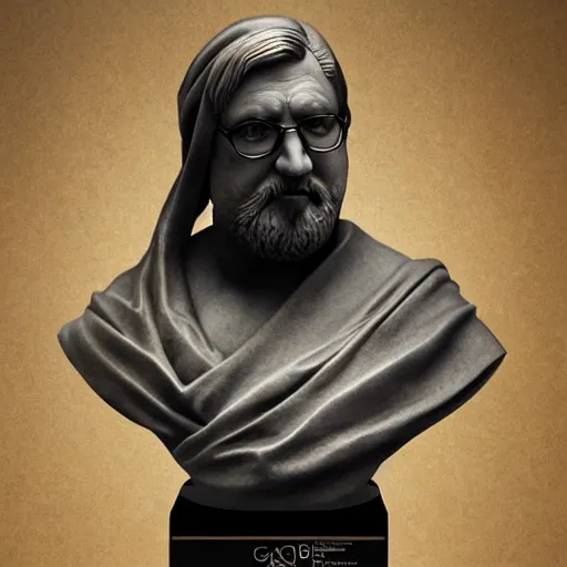 Image similar to beautiful lifelike award winning marble statue bust of gabe newell trending on art station artgerm greg rutkowski alphonse mucha museum quality cinematic atmospheric