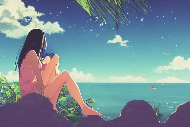 Image similar to anime woman sitting on surf board, tropical island, night time, wide angle, by studio ghibli, yuumei, anime, hazy, foggy, ambient lighting, cottagecore,