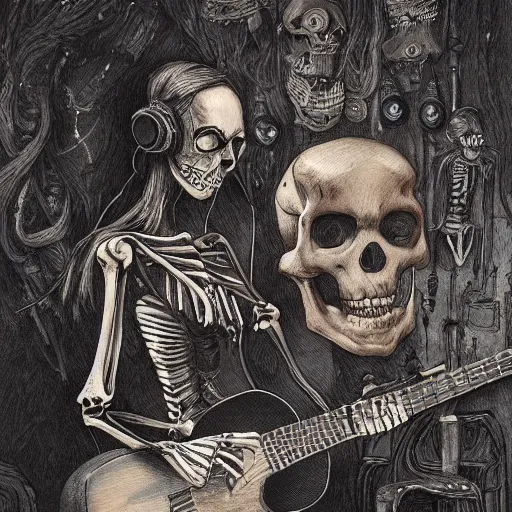 Image similar to skeleton wearing headphones, watching girl playing guitar while her black cat standing next to her, detailed intricate ink illustration, dark atmosphere, detailed illustration, hd, 4k, digital art, overdetailed art, by greg rutkowski, by loish, complementing colors, Trending on artstation