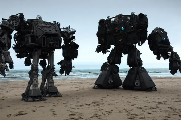 Image similar to cinematography of a giant mech on the beach in Santa Monica by Emmanuel Lubezki