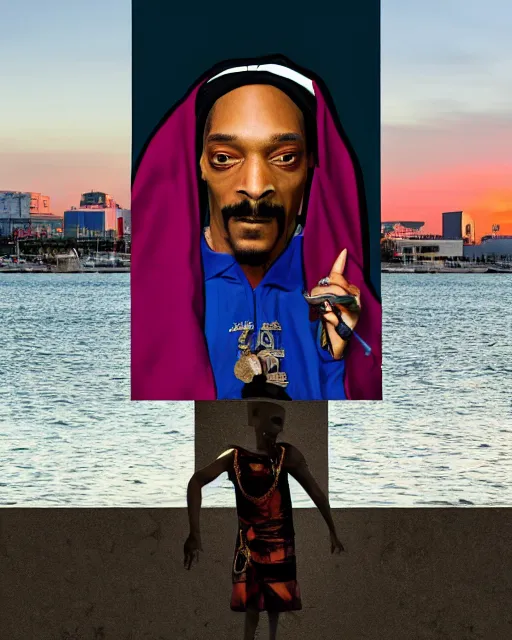 Image similar to snoop Dogg dressed as The girl with the pearl earring, smoking, Long Beach background, sunset