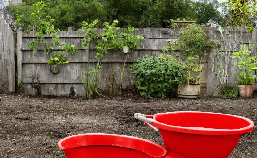 Image similar to a red wheel barrow glazed with rainwater besides the white chickens.