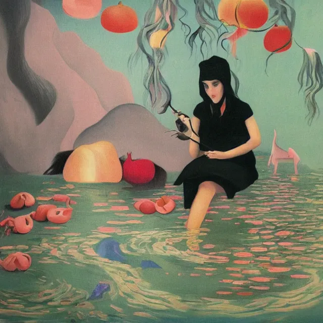 Image similar to female emo art student, painting of flood waters inside an artist's feminine bedroom, a river flooding indoors, pomegranates, pigs, ikebana, water, octopus, river, rapids, waterfall, black swans, canoe, berries, acrylic on canvas, surrealist, by magritte and monet