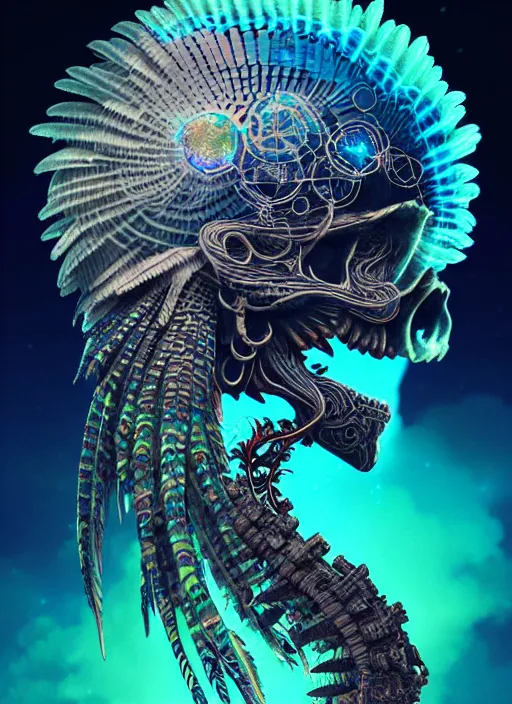 Image similar to 3 d shaman with tattoos profile portrait, sigma 5 0 0 mm f / 5. beautiful intricate highly detailed quetzalcoatl skull and feathers. bioluminescent, plasma, frost, water, wind, creature, gradient background, thunderstorm! artwork by tooth wu and wlop and beeple and greg rutkowski, 8 k trending on artstation,