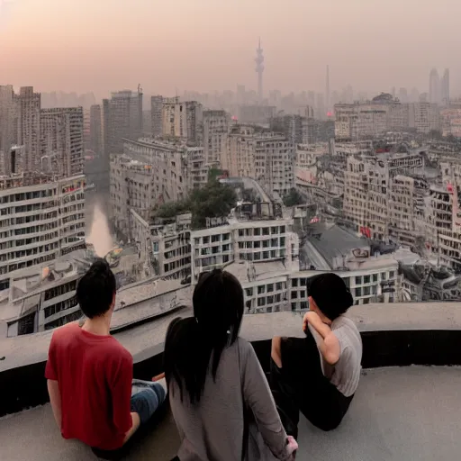 Image similar to a small rooftop with a couple of people sitting and watching the view, wearing black modern clothes, designed by rick owens, messy short hair, modern shanghai bund in smog is on the background, sunset, pale colors, by gregory crewdson