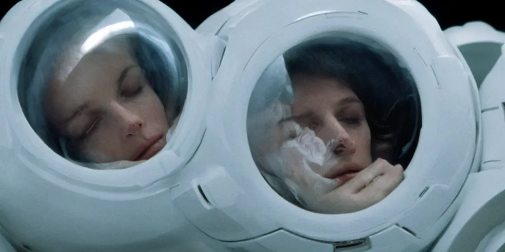 Image similar to a close-up of Ripley sleeping inside an all-white cryogenic sleeping capsule by Ridley Scott, Alien movie, grainy, bluish and cream tones