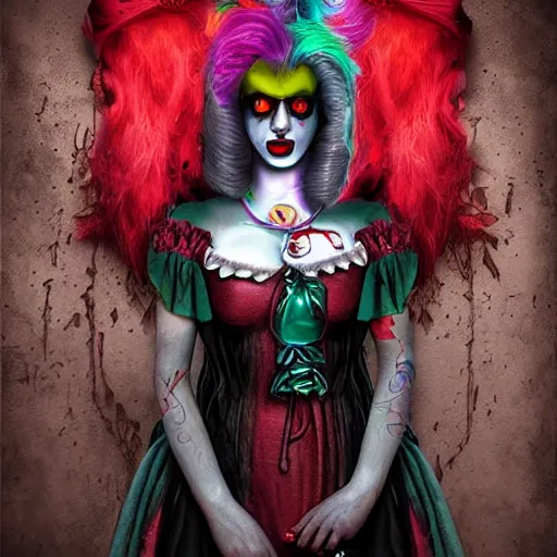 Prompt: dark circus theme, evil lady wearing clown outfit :: 3 , digital art, evil, gloomy, dark, hyper realistic, detailed artwork, DeviantArt