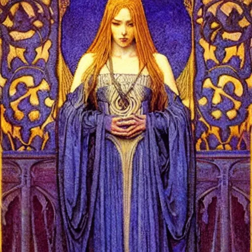 Image similar to beautiful young medieval queen by jean delville, art nouveau, symbolist, visionary, gothic, neo - gothic