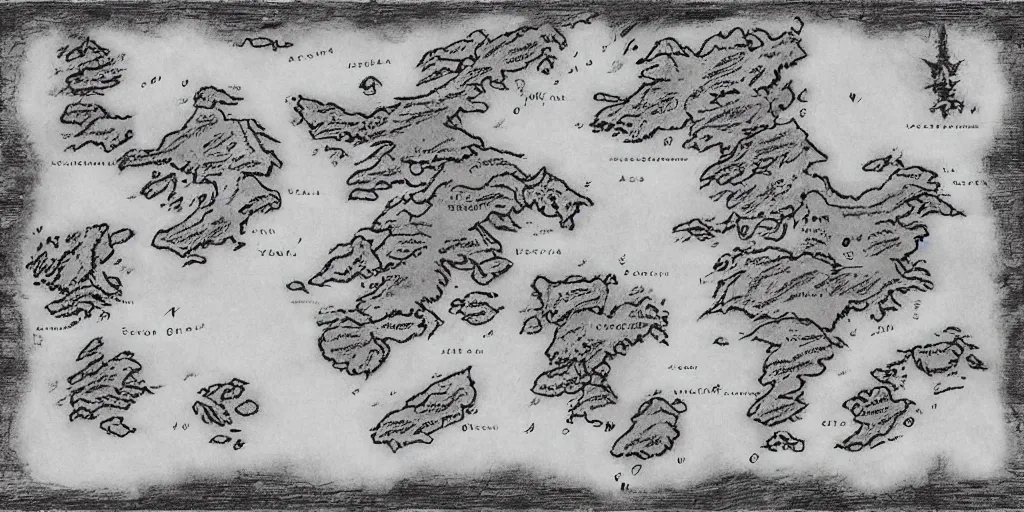 Prompt: Map of the realm of the wolf crew. a continent in the shape of a wolf's face. Ancient magic, medieval fantasy map, mountains, islands, forests. Map-style Skyrim, Lord of the rings map, zelda breath of the wild map, video game style, drawing on a parchment